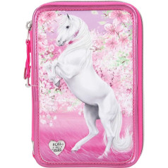 Depesche 11424 Miss Melody - Filled 3-Compartment Pencil Case with Dreamlike Horse Motif, Pink Pencil Case Approx. 7.5 x 13 x 20 cm, with Felt and Coloured Pencils, Ruler, Scissors, Glue, etc.