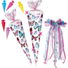 alles-meine.de GmbH Set - mit - 3D Effekt - Glitzer ! - Schultüte + 5 kleine Zuckertüten - Schmetterling - bunt - 35-100 cm - Größe wählbar - rund - incl. große Schleife - Orga..