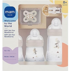 MAM Welcome To The World Set Newborn Bottle Set with 0-2 Months Baby Dummy and Clip, Gift for Newborn, Grey (Designs May Vary)