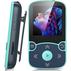 AGPTEK MP3 Player Bluetooth 5.3 Sport 32GB with 1.5 Inch TFT Colour Screen, Mini Music with Clip, Supports up to 128GB SD Card, with Independent Volume Button, FM Radio, Pedometer, Blue