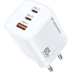 GaN 65W 100-240V USB-A 2x USB-C tīkla lādētājs balts