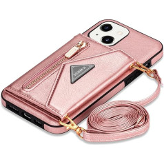 Guvagi Mobile Phone Case for iPhone 14, Case with Strap, Mobile Phone Chain Case, Leather Cover, Flip Case, Zip, Shockproof Protective Case, Magnet, Aesthetic, Girl's Mobile Phone Case with Chain,