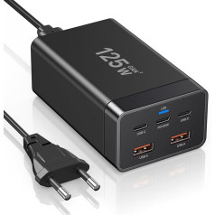 USB C Charger, 5 Port USB C Power Supply Multiple Charger with USB-C, PD Port, USB-A, 125W Fast Charger Compatible with iPhone 12/13/14/15 Series, Mac Book Pro/Air, Thinkpad, Samsung, Mobile Phones,