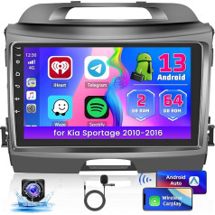 [2+64G] Car Radio Android 13 with Sat Nav for Kia Sportage 2010-2016, Hikity 9 Inch Touch Display Car Radio with Screen Carplay Android Car GPS WiFi Bluetooth FM RDS Reversing Camera