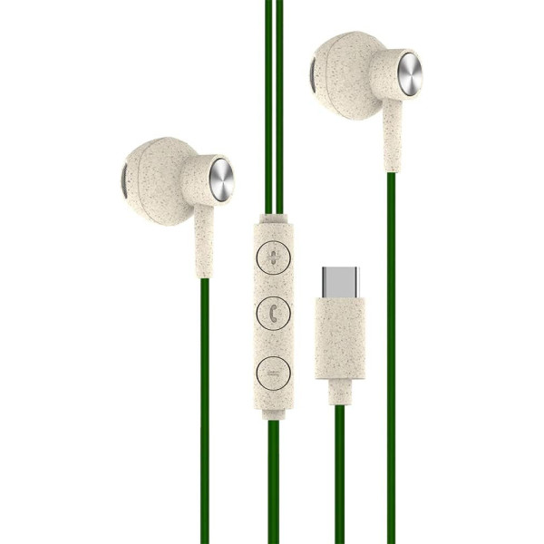 Bitmore Carbon Neutral Wired Type C Headphones - 100% Recycled 35% Wheat Straw - Earbuds with Mic - Travel Friendly Design - Compatible with Smartphones, Tablets - Green - Prime