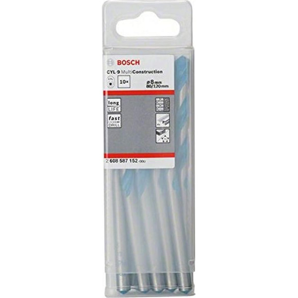 Bosch Professional CYL-9 Multi Construction Multi-Purpose Drill, 8 mm Diameter, 120 mm Total Length, Accessories for Drills with Round Shank Drill Chuck, 10 Pieces
