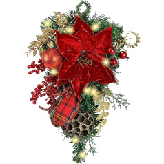 Poinsettia Decorated Pine Container with Decorative Branches Bow Balls LED Fairy Lights 45 cm Hanging Christmas Decoration Hanging Decoration Garland Poinsettia Decoration Christmas Decoration