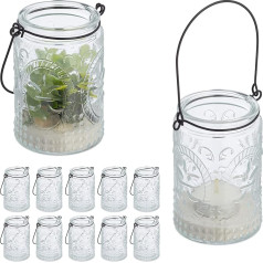 Relaxdays Tea Light Holder Set of 12 Glass with Handle, Indoor and Outdoor Use, 10.5 x 7 cm, Wedding Tea Light Holder, Transparent/Black