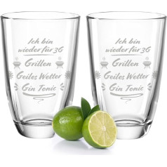 GRAVURZEILE Montana Gin Glasses Set of 2 – 3G Grilling Cool Weather Gin Tonic – Funny Gift for Dad Colleagues Friends Girls & Family – Gin Glasses – Party Gift Set Souvenir Funny