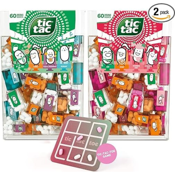 TicTacToe Travels Pack of 2 - 60 Pieces per Pack, Strawberry & Flavour Mix, with TicTacToe Game, Mini Sweets, Individually Wrapped - Ideal for Children's Birthday, Party Bags & Promotional Gifts