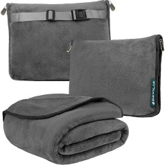 PAVILIA Travel Blanket and Pillow Double Zippers Clip Band Warm Soft Fleece 2 in 1 Combination Blanket Airplane Camping Car Large Compact Blanket Set Strap 60x43cm (Charcoal)