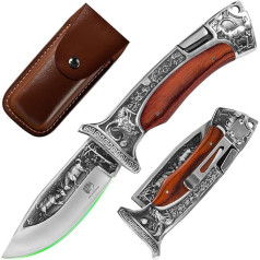 FULLHI 3.8 Inch Folding Hunting Knife, Heavy Duty Pocket Knife, Etched Pattern, Wooden Handle, 7CR17MOV Blade, Leather Sheath Included, Gifts for Special Day (Red Wood)