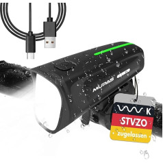 MUPAS LED Bicycle Light Front 100 Lux, Bicycle Lamp StVZO Approved, Bicycle Light USB Rechargeable, IPX5 Waterproof Bicycle Lights, Front Light Bicycle with Battery Prompt, Weak, Type-C