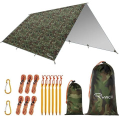 RYACO Tarp 3 x 4 m Waterproof Tent Tarpaulin Ultralight with Eyelets + 6 Pegs + 6 Ropes, Anti-UV Snow Rain Protection Lightweight Compact for Hammock Camping Hiking Picnic Travel Outdoor Activities