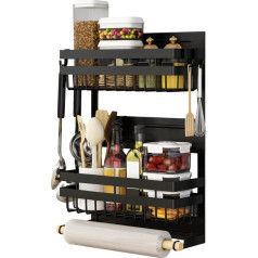 Redwestmelon Magnetic Fridge Spice Rack 3 Tier Kitchen Spice Rack Fridge Side Shelf with Paper Towel Holder and 4 Removable Mobile Hooks