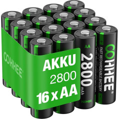 16 x AA NI-MH Rechargeable AA Batteries, 1.2 V Mignon AA Battery, 2800 mAh High Capacity, Low Self-Discharge, with Battery Protective Box