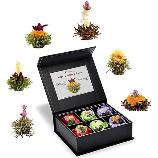 Creano Tea Flowers Gift Set of 6, White, Black and Green Tea in Elegant Magnetic Box with Silver Embossing, 6 Different Varieties, Christmas Gift