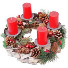 Advent Wreath HWC-H49AM, Christmas Decoration, Advent Arrangement, Christmas Arrangement, Wood, Round, Diameter 33 cm, Includes 4 x Candles Red