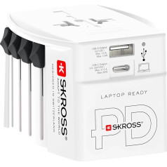 SKROSS -MUV USB AC65PD with USB-C Cable (160 cm) - 2 Pin Universal Travel Adapter + 1 x USB C & 1 x USB 65W - Voltage and Power: 100V - 250W/250V - 625W for Laptops, Tablets and Smartphones