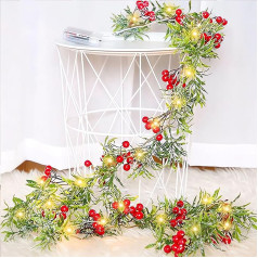 6ft Christmas Garland, Christmas Garland with LED Lights, Red Berry, Christmas Decoration Garland, Artificial Christmas Green Garland, Christmas Wreath Decorations for Stairs, Fireplaces, Wall Door