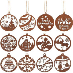 Otuuz Pack of 12 Christmas Tree Decorations Rust 8 cm Rust Decorative Hanger Rusty Christmas Decoration Deer Star Snowman Rust Decoration Metal Christmas Decoration Christmas Pendant for Christmas