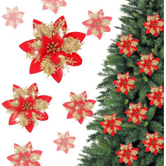 Moorle Pack of 12 Christmas Star Christmas Decorations, Red Glitter Artificial Flowers, Christmas Tree Flowers Decorations, Christmas Glitter Poinsettia for Xmas Garland Decor, DIY Christmas