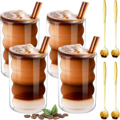 weiclianhp Latte Macchiato Glasses, Set of 4, 400 ml Cappuccino Glasses with Spoons and Coasters, Double-Walled Glasses, Cappuccino, Spiral Coffee Glasses, Latte, Tea, Ice Cream, Iced Americano, Juice