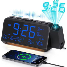 Radio Alarm Clock with Projection for Bedroom, Type C & USB Port, Dual Alarm Clock for Weekday/Weekend, Projection Alarm Clock DST Dimmer & Temperature & Date Display, Digital Alarm Clock for Bedside