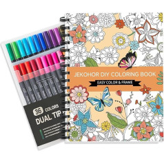 Colouring Book for Adults and Marker Set, Spiral Bound Colouring Book for Adults, Relaxation with 36 Colours Markers, Anxiety Relief Gifts with 30 Patterns Included Mandala Animal Flowers