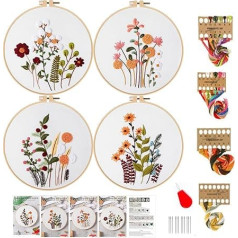 Smart-Feather 4 Sets Flower Embroidery Kit for Beginners, Hand Embroidery Kits for Adults with Hoops, DIY Art Project Craft Kit (Colorful)