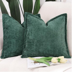 Madizz Set of 2 Chenille Velvet with Edge Cushion Covers, Soft Decorative Cushion Covers, Modern Cushion Cover for Sofa, Living Room, Bedroom, Dark Green, 45 x 45 cm