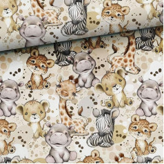Fabric for sewing, fabric for children, 92% cotton: 1 m boys jersey fabric with wild animals such as lion, cheetah, giraffe, hippo, zebra, children's fabric with wild animals, quilted love animals