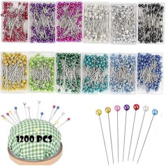 FOLANDO Head Pins, Pack of 1200 Pins with Head, Stainless Steel Pins with Colourful Head Beads Needles Multicoloured Plastic Head Pins for Sewing Crafts Hemming Jewellery Components Decoration (12