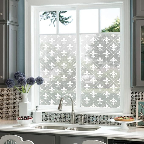 Funlife Fleur De Lis Window Film, 58 x 200 cm, Opaque Privacy Film, Static Adhesive, Frosted Glass Film for Bathroom, Bedroom, Kitchen, Living Room