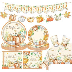 Thanksgiving Autumn Party Tableware Set, 70 Pieces Autumn Maple Leaves Pumpkin Tableware Supplies Paper Plates Cups Napkins Tablecloth and Happy Fall Banner for Thanksgiving Autumn Harvest Party Décor