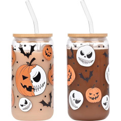 APLSTOW Halloween Tumbler 16oz Glass Tumbler with Lid and Straws Spooky Iced Coffee Cup Smoothie Cup Cute Halloween Gifts for Women Kids Girls Pumpkin Cup Gifts