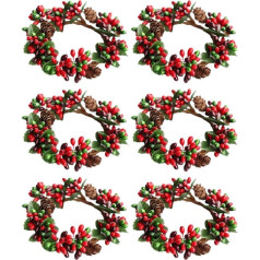 Amosfun 6 x Christmas Candle Rings Red Berries Wreaths with Pine Cones for Pillar Christmas Table Decorations (Red and Green) Plastic, Red/Green, S
