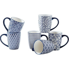 Cerkik Ceramic Coffee Mug Set - 470 ml Large Porcelain Tea Cups with Handle for Women Men Cocoa Cappuccino Latte - Christmas Housewarming Gift - Set of 6 - Vintage Blue