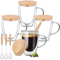 Bossjoy 4 Pack Glass Coffee Cups with Bamboo Lids/Spoons, Double Walled Insulated Layer Coffee Mugs, 12 oz Clear Glass Cups for Latte, Cappuccino, Tea, Juice, Hot/Cold Drinks(350ml)