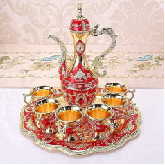 Turkish Vintage Metal Coffee Pot Set, Turkish Tea Set with 6 Luxury Coffee Cups and Handmade Tea Tray, Teapot for Serving Tea, Coffee, Gold Silver Decoration(Red)