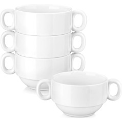 LOVECASA 4 Piece Soup Cups with Handle, 20 oz Porcelain Soup Bowls Set, Soup Bowl for French Onion Soup, Cereal, Stews, Microwave and Oven Safe, Pure White Soup Cup
