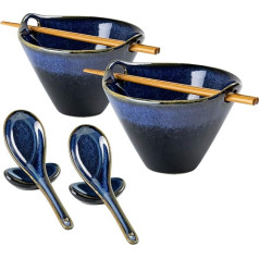 Ramen Noodle Soup Bowls, 2 Sets Ceramic Ramen Bowl with Chopsticks, Spoon and Spoon Rest, Japanese Tableware Snack Bowl Set for Asian Noodles - 2 x 600 ml, Blue