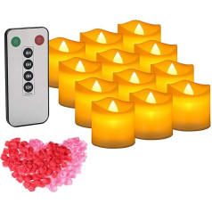IMAGE LED Tea Lights Pack of 12 Candles with Remote Control and Timer Flickering Electric Tea Lights with 100 Rose Petals, Warm Yellow