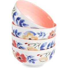 fanquare Pink Flowers Porcelain Soup Bowls Set, 4 Pieces Japanese Ramen Bowl, Dessert Bowl, Small, Cute for Kitchen