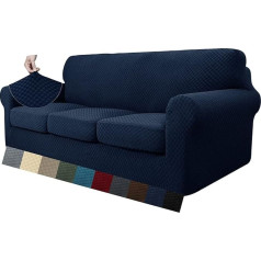 MAXIJIN Stretch Sofa Cover Thick Couch Cover with Separate 3 Cushion Covers Jacquard Check Slipcover Sofa Living Room with Elastic Bands and Foam Rods (4 Seater, Navy Blue)