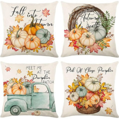 JAWSEU Pack of 4 Autumn Cushion Covers, 45 x 45 cm, Autumn Maple Leaves Cushion Cover, Decorative Cushion Cover, Pumpkin Cushion Cover, Decorative Cushion Cover for Sofa, Car, Bedroom