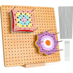 Larkumio Crochet Locking Board and Needles, 11 Inch Square Block Board for Crochet with 15 Steel Rods and 5 Knitting Needles, Wooden Pen Boards Blocking Mats for Knitting