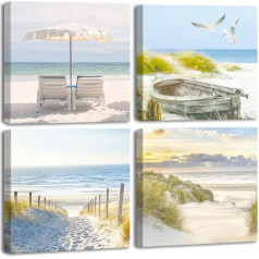 CHDITB Sea Canvas Wall Art Picture Sea Beach Chairs Seagulls Flying Pictures Paintings Print for Wall Decor Blue Seascape Wall Art Print for Bathroom Home Office