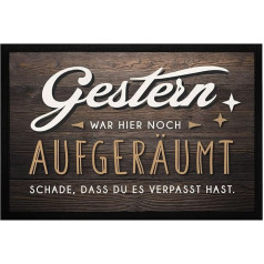 MoonWorks® Doormat with Saying Funny Gestern war Hier noch aufgeräumt Ironie Wood Look Non-Slip & Washable Black 60 x 40 cm