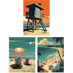 Artery8 Set of 3 Coastal Landscapes Graphic Artwork Orange Teal Summer Beach Holiday Unframed Wall Art Living Room Poster Prints Pack